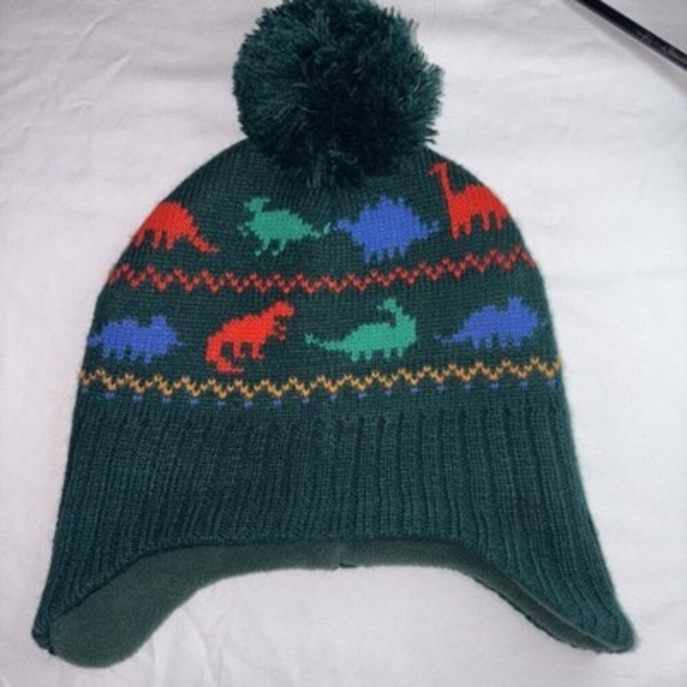 Winter Dinosaur Fleece Lined Beenie Kids Med Green